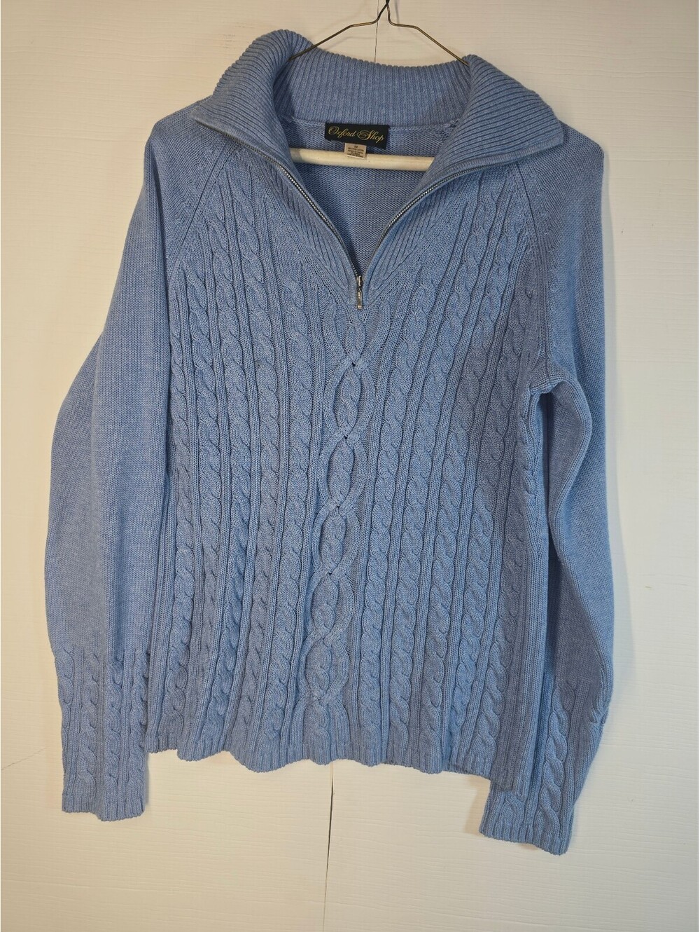 Oxford Shop Womens Medium Blue Cable Knit Quarter Zip Sweater 100% Pima Cotton